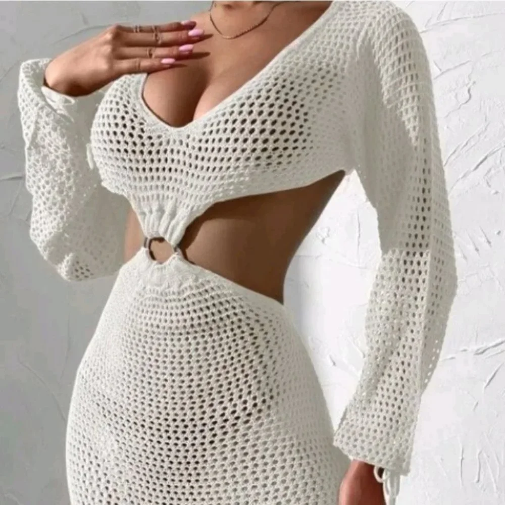 White knit cut out cover up dress summer beachy vacay - Picture 3 of 8
